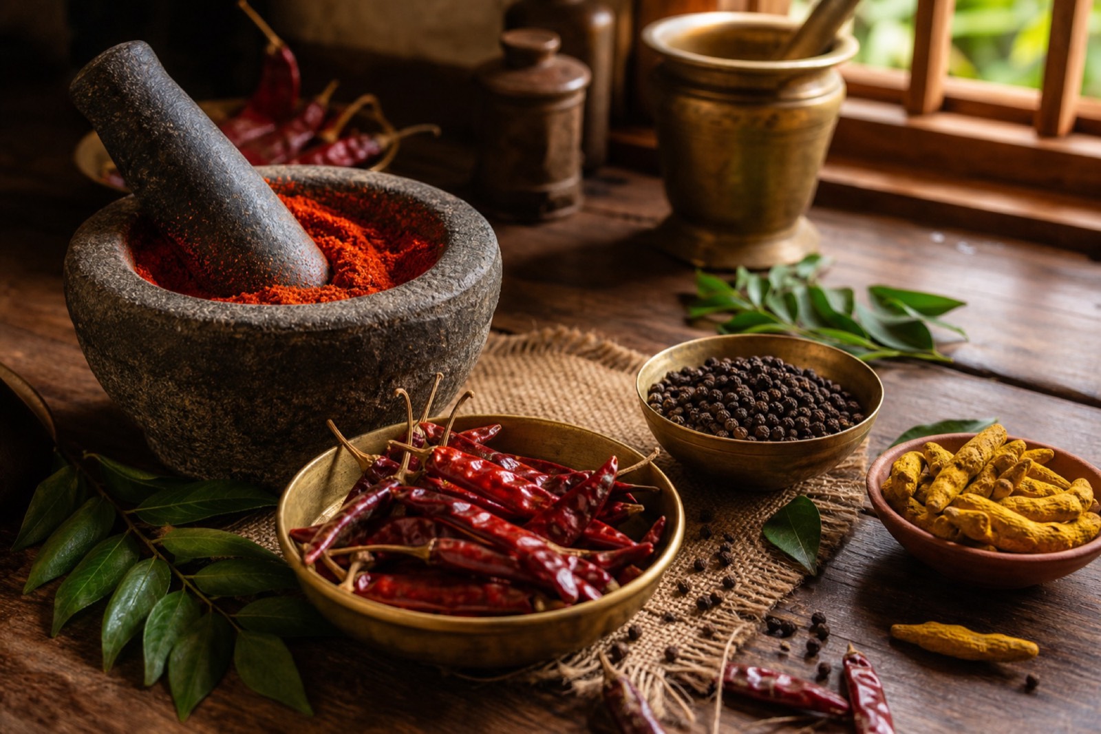 Flatlay of Kerala spices — chilli, pepper and turmeric